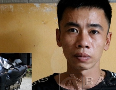 Đối tượng Vũ Tiến Lâm cùng tang vật trong 03 vụ trộm cắp xe máy tại huyện Chợ Mới