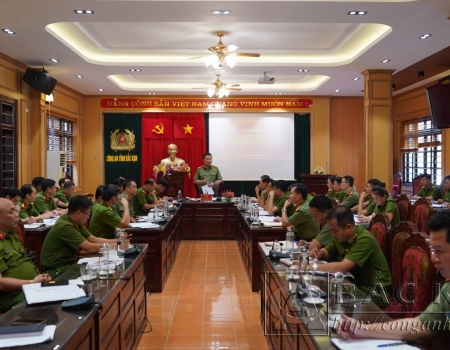 Đại tá Hà Văn Tuyên, Giám đốc Công an tỉnh phát biểu kết luận hội nghị