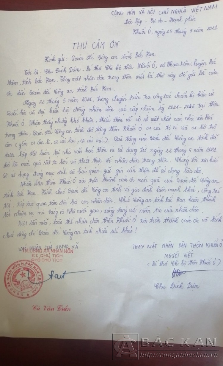 Lá thư cảm ơn của nhân dân thôn Khuổi Ỏ là nguồn động viên quý báu với lực lượng Công an