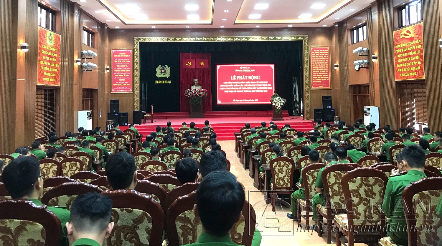 Đại tá Nguyễn Thanh Tuân, Phó Giám đốc Công an tỉnh phát biểu tại buổi lễ, thực hiện cao điểm “90 ngày đêm”.