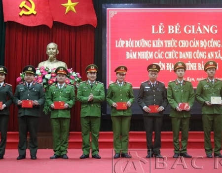 Đại tá Nguyễn Thanh Tuân – Phó Giám đốc Công an tỉnh trao giấy chứng nhận cho các học viên tham gia lớp bồi dưỡng